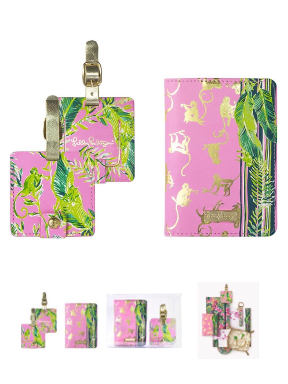 New Lilly Pulitzer Pink & Green Palm Passport Wallet + Luggage Tag Set